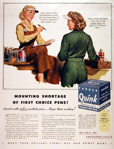 1944 Parker Quink Permanent Pen Ink Advertisement