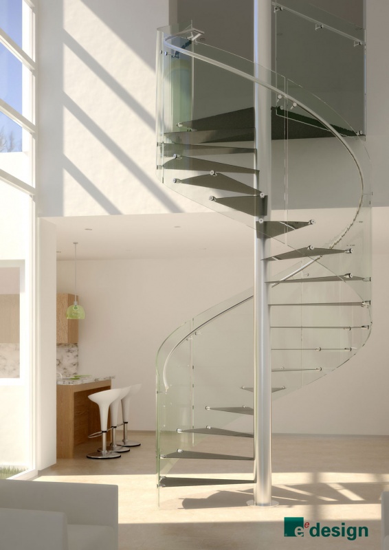 Spiral staircase with ultra thin carbon treads, stainless steel pole & handrail, and glass balustrade.