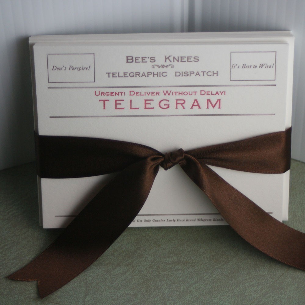 In 2006, Western Union sent its last telegram. A 150-year-old method for sending congratulations, announcements or greetings; it was the IM precursor in fast communication with the benefit of a hard-copy record for future generations to appreciate.  Wishing you had known to use it before it was gone? Looking to add a touch of old-world style to your special occasion? Just want a fun, unique look for your correspondence?  These letterpress telegram blanks are the answer. Handset with lead type from the early 20th century, my cards are printed on Craneâ€™s Lettra â€œPearl Whiteâ€ paper, using a foot-powered 1889 press.  Each card measures 4.25 inches x 5.5 inches and comes with a matching envelope, in a set of 10.