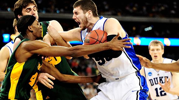 Mark J. Rebilas/US PresswireDuke center Brian Zoubek (55) snags a rebound in the first half Sunday against Baylor.  Duke won 78-71.