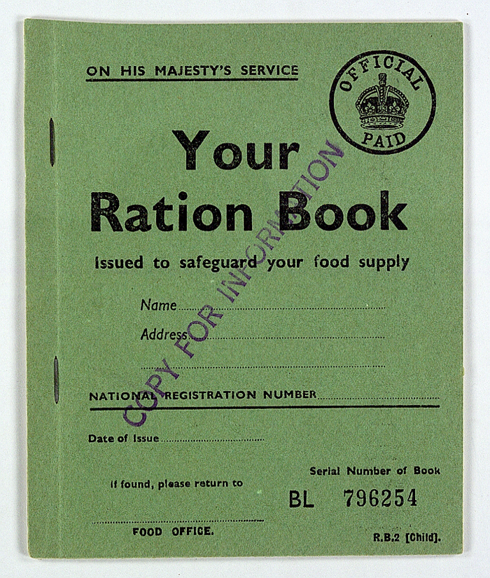 Sample Child's Ration Book. Throughout the 1940s (and for nine years after the end of the war) every man woman and child in Britain owned ration books of coupons for food and clothing. The Ministry of Food's carefully formulated diet is generally believed to have improved the nation's health.